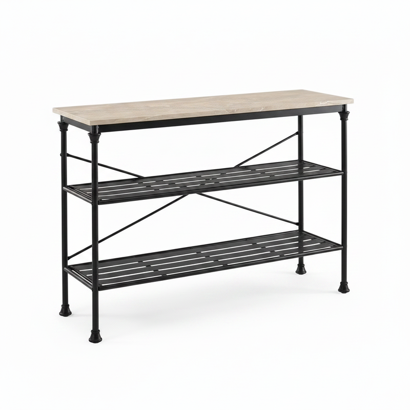 Modern Console Table with Light Brown Ceramic Marble Top & Black Metal Frame, Narrow Entryway Accent Table for Hallway, Foyer, Living Room and Behind Couch 