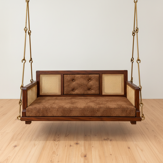 Translation missing: en.Wooden Cane Reversible Swing (Jhula) with Brown Tufted Cushions and Chain 