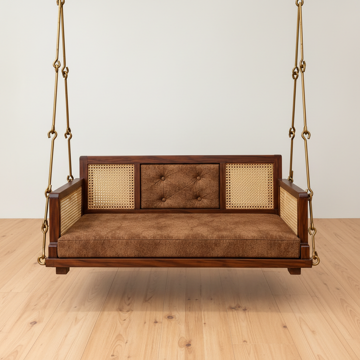Translation missing: en.Wooden Cane Reversible Swing (Jhula) with Brown Tufted Cushions and Chain 