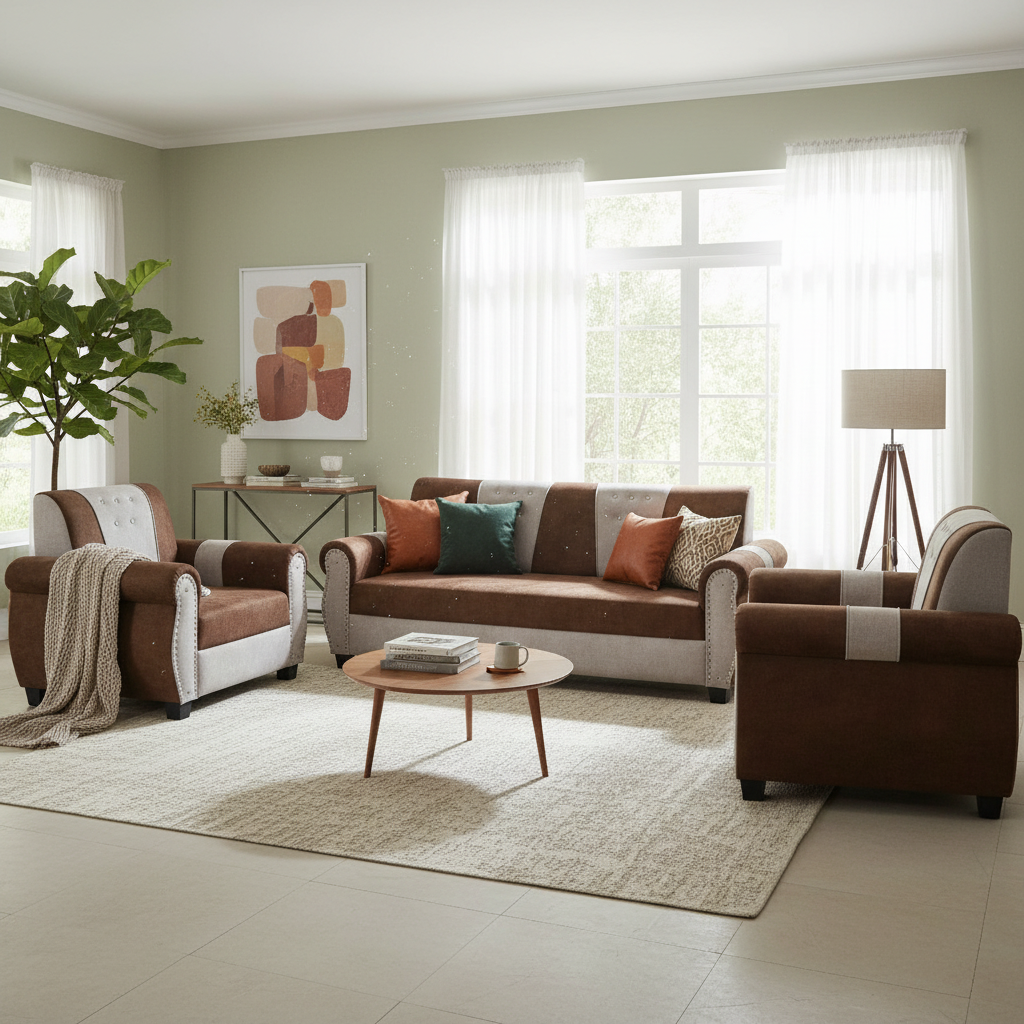 Stylish 5-Seater Sofa Set for Modern Living Space Furniture in Brown and Beige Color 