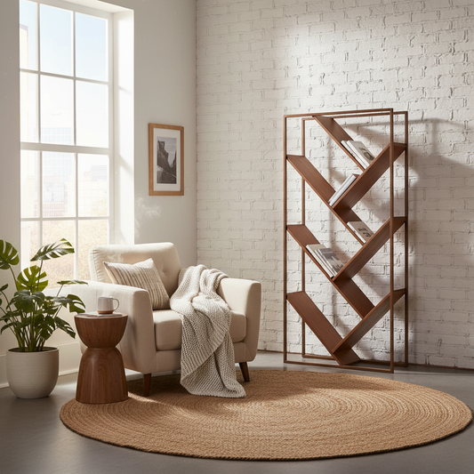Solid Wood and Steel Warsaw Bookcase for Living Room | Bookshelf | Brown Finish 