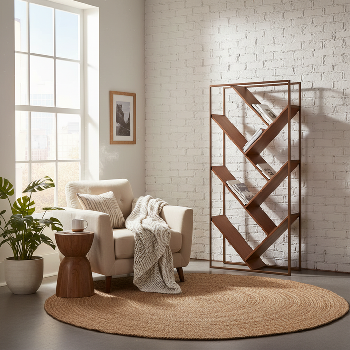 Translation missing: en.Solid Wood and Steel Warsaw Bookcase for Living Room | Bookshelf | Brown Finish 