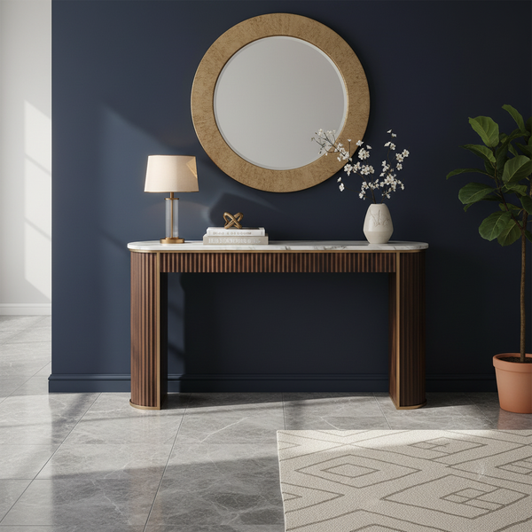 Modern Fluted Console Table with Ceramic Marble Top & Dark Walnut Finish, Long Narrow Entryway Sofa Table for Hallway, Foyer and Living Room 