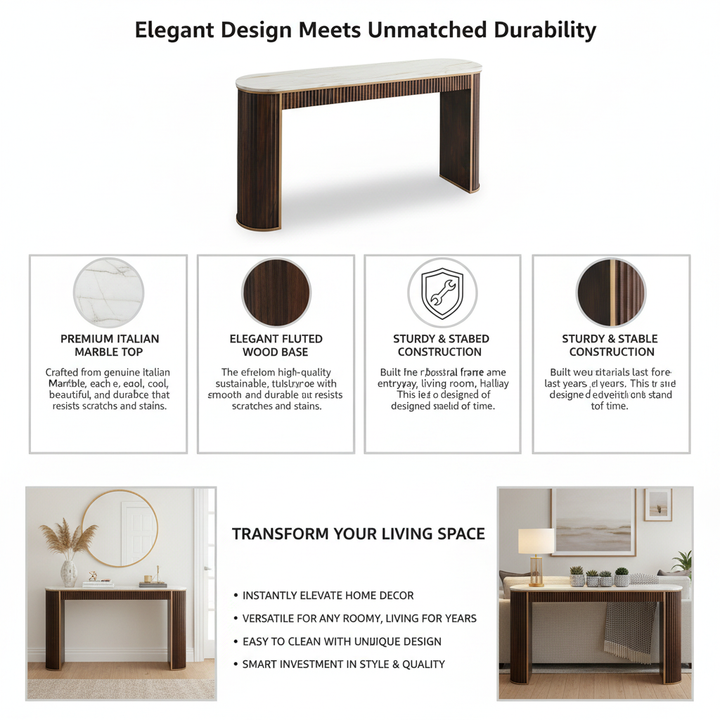 Translation missing: en.Modern Fluted Console Table with Ceramic Marble Top &amp; Dark Walnut Finish, Long Narrow Entryway Sofa Table for Hallway, Foyer and Living Room 