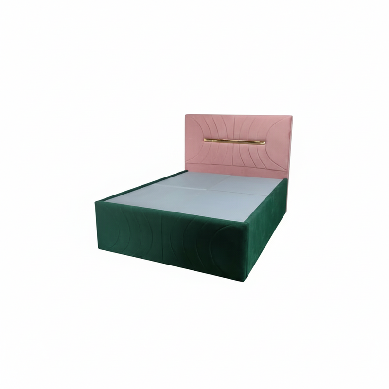 Premium Dual-Tone Velvet Queen Bed with Box Storage – Green & Pink 