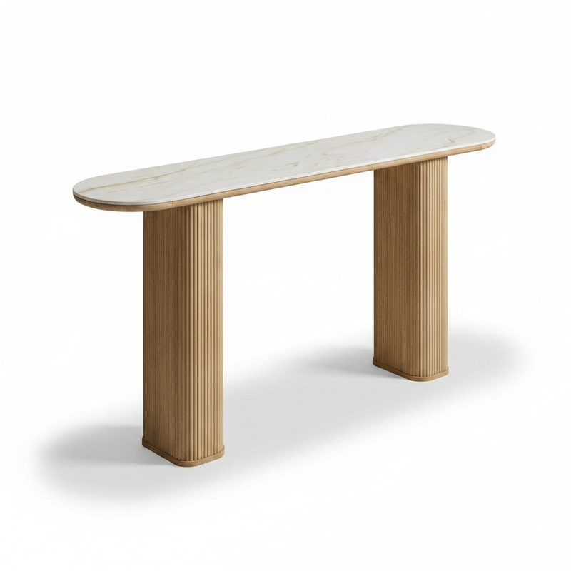 Ceramic Marble Top Console Table with Natural Mango Wood Base, Narrow Entryway and Sofa Table for Hallway, Foyer, Living Room and Home Décor 
