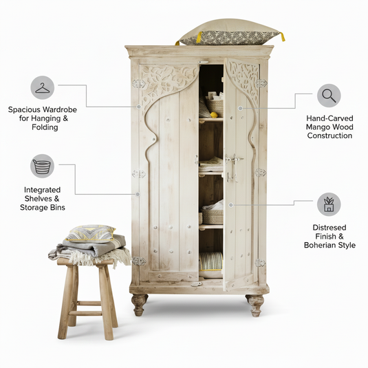 Translation missing: en.Mango Wood 2-Door Wardrobe Storage Cupboard for Cloths (Solid Wood - White) 