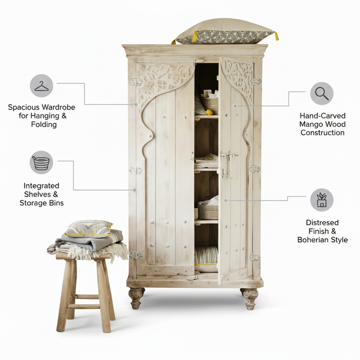 Translation missing: en.Mango Wood 2-Door Wardrobe Storage Cupboard for Cloths (Solid Wood - White) 