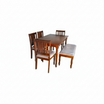 Solid Mango Wood 6 Seater Dining Table Set with 4 Cushioned Chairs and 1 Bench | Warm Brown Finish 