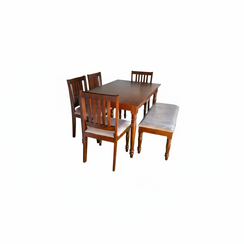 Solid Mango Wood 6 Seater Dining Table Set with 4 Cushioned Chairs and 1 Bench | Warm Brown Finish 