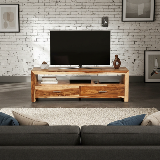 Sheesham Wood Helsinki TV Unit with 2 Door Storage Entertainment Unit Center Console TV Table for Living Room Furniture (Honey Finish) 