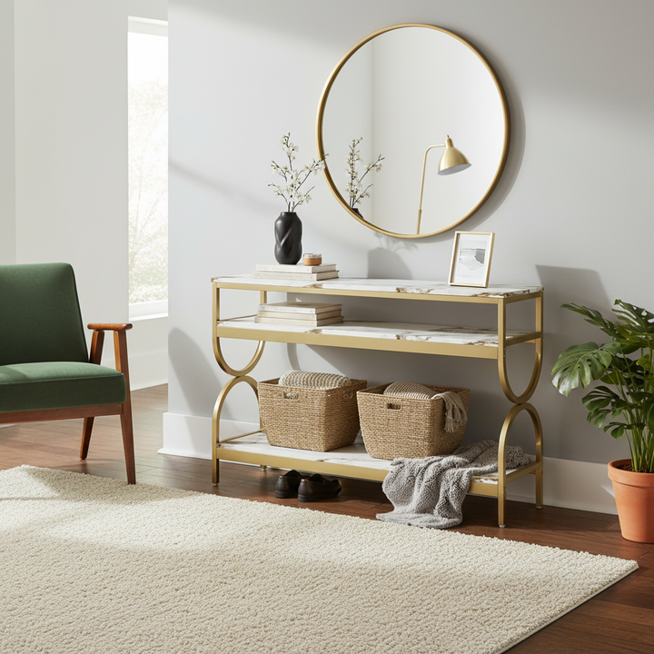 Translation missing: en.3-Tier Console Table with Ceramic Marble Top, Open Storage Shelves &amp; Gold Metal Frame for Entryway, Hallway, Foyer and Living Room 