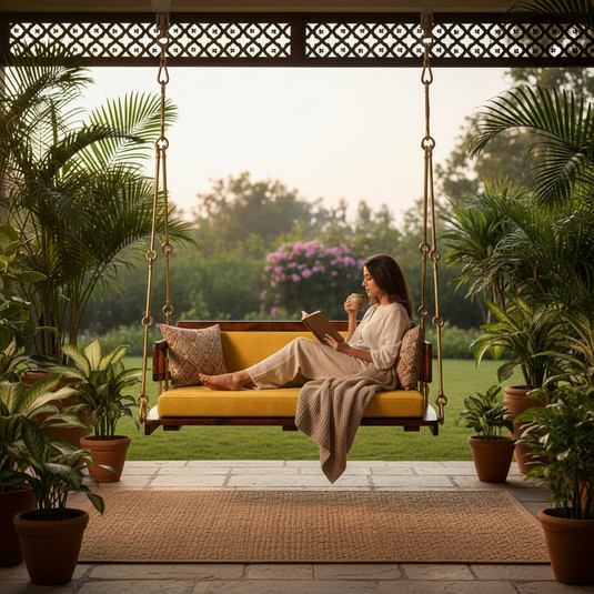 Translation missing: en.Wooden Platform Reversible Swing (Jhula) with Cushions and Chains 