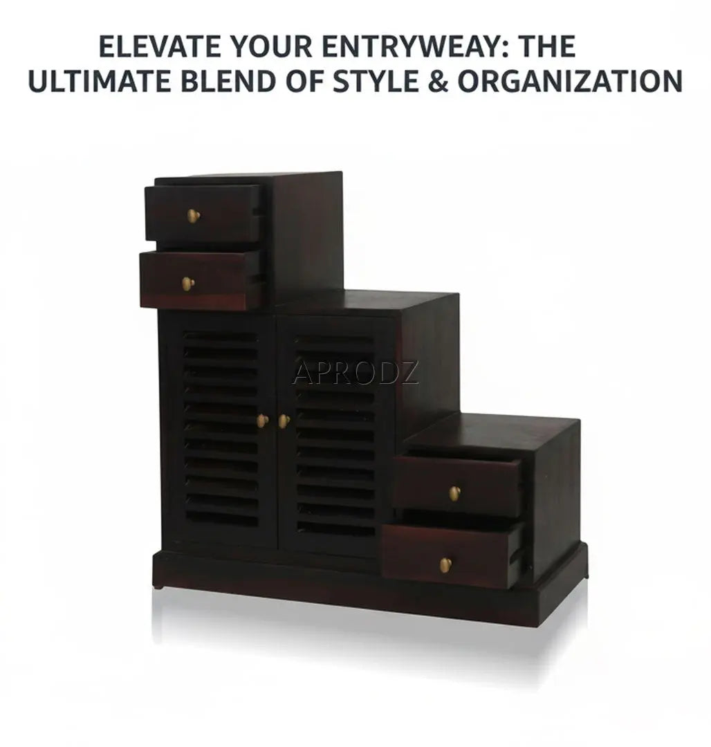 Zuni Sheesham Wood Shoe Rack Cabinet | Solid Wooden Shoe Storage with Drawers & Doors | Modern Shoe Organizer for Home | Dark Brown 