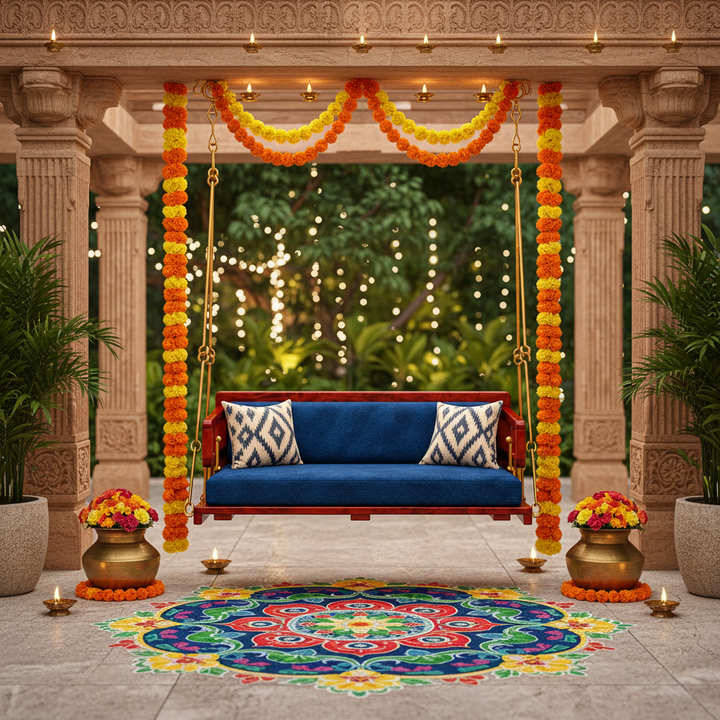 Translation missing: en.Wooden Platform Reversible Swing (Jhula) with Cushions and Chains 