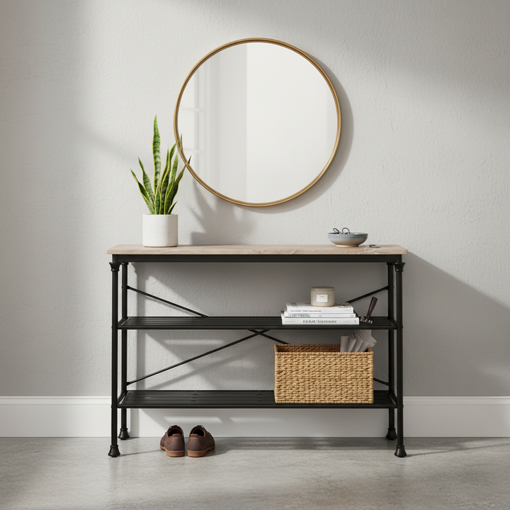 Translation missing: en.Modern Console Table with Light Brown Ceramic Marble Top &amp; Black Metal Frame, Narrow Entryway Accent Table for Hallway, Foyer, Living Room and Behind Couch 