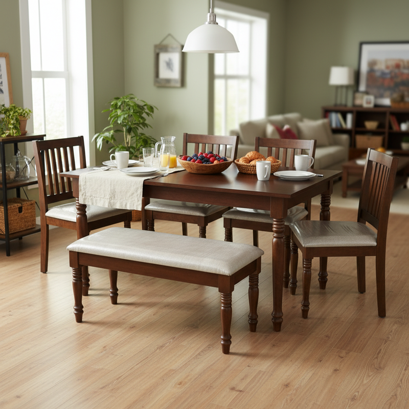 Solid Mango Wood 6 Seater Dining Table Set with 4 Cushioned Chairs and 1 Bench | Warm Brown Finish 