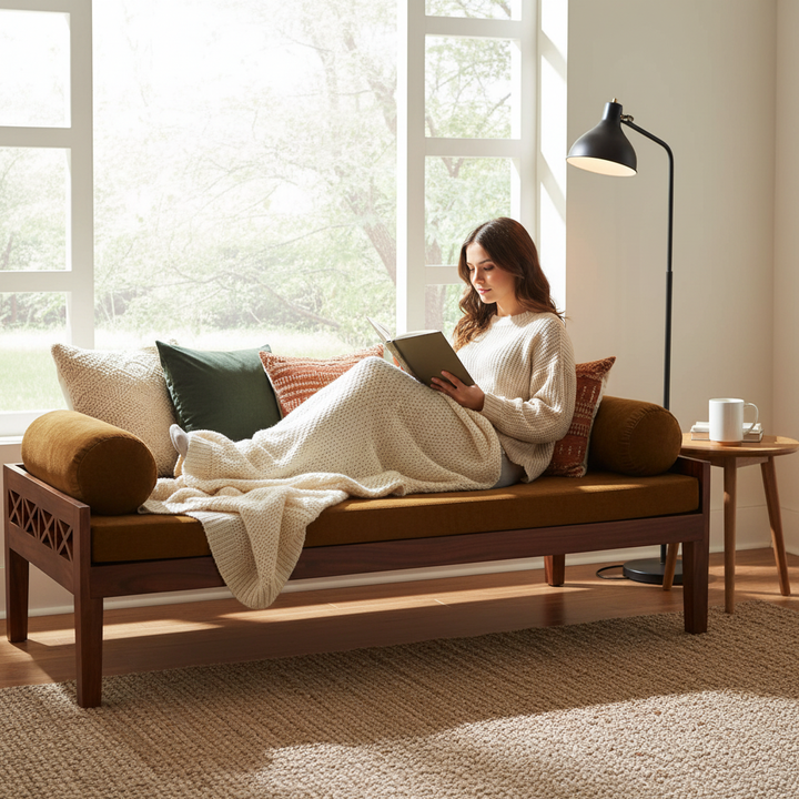 Translation missing: en.Solid Mango Wood Dewan Sofa Bed with Cushion for Living Room Hall (Solid Wood) 