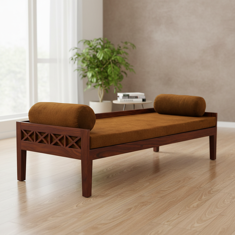 Solid Mango Wood Dewan Sofa Bed with Cushion for Living Room Hall (Solid Wood) 