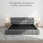 Katence Elegant Linen Platform Bed with Upholstered Headboard and Solid Frame Stability Beige Fabric 