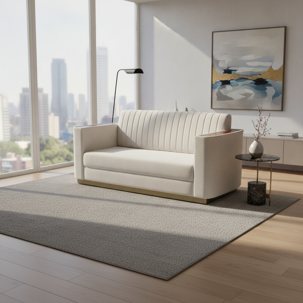 Beige Fabric 2-Seater Sofa with Mango Wood Accents & Channel Tufting 