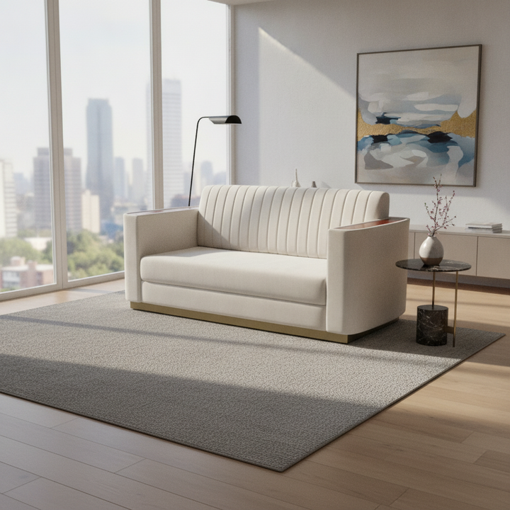Translation missing: en.Beige Fabric 2-Seater Sofa with Mango Wood Accents &amp; Channel Tufting 