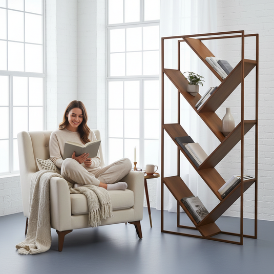 Translation missing: en.Solid Wood and Steel Warsaw Bookcase for Living Room | Bookshelf | Brown Finish 