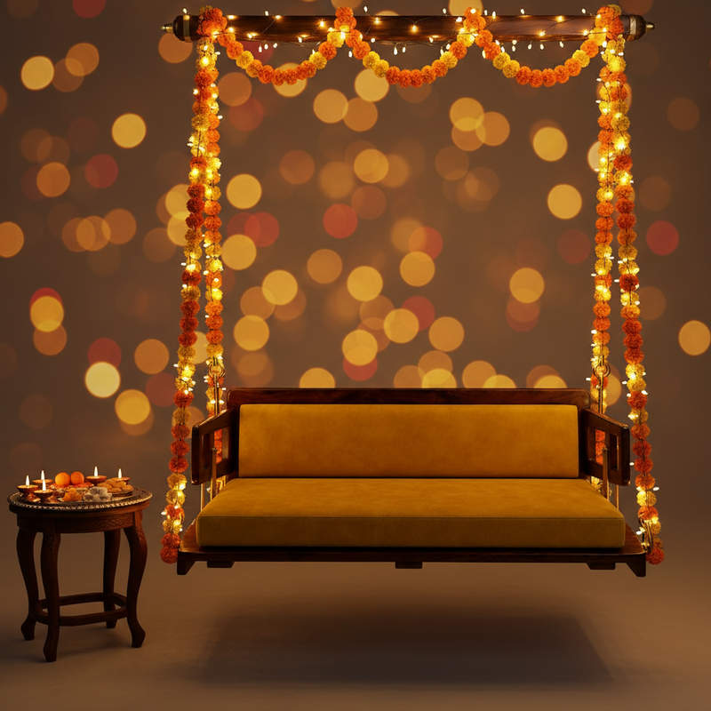 Wooden Platform Reversible Swing (Jhula) with Cushions and Chains 