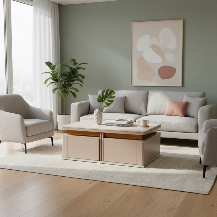 Translation missing: en.Mango Wood Coffee Table with Marble Top &amp; 4 Drawers – Tan 