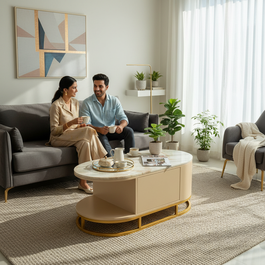 Translation missing: en.Mango Wood Coffee Table with Marble Top &amp; 2 Drawers – Tan &amp; Gold 