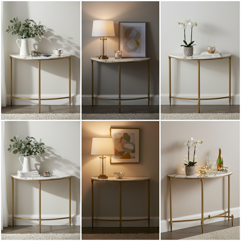 Luxury Console Table with Ceramic Marble Top & Gold Metal Legs, Narrow Entryway Display Table for Hallway, Foyer, Living Room and Behind Sofa 