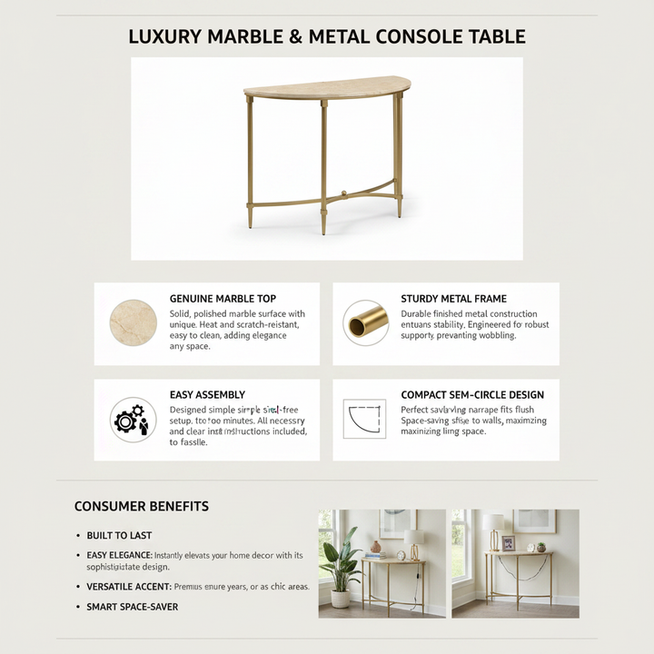 Translation missing: en.Luxury Console Table with Ceramic Marble Top &amp; Gold Metal Legs, Narrow Entryway Display Table for Hallway, Foyer, Living Room and Behind Sofa 