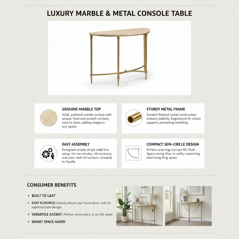 Luxury Console Table with Ceramic Marble Top & Gold Metal Legs, Narrow Entryway Display Table for Hallway, Foyer, Living Room and Behind Sofa 
