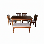 Solid Mango Wood 6 Seater Dining Table Set with 4 Cushioned Chairs and 1 Bench | Warm Brown Finish 