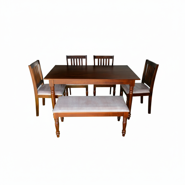 Translation missing: en.Solid Mango Wood 6 Seater Dining Table Set with 4 Cushioned Chairs and 1 Bench | Warm Brown Finish 