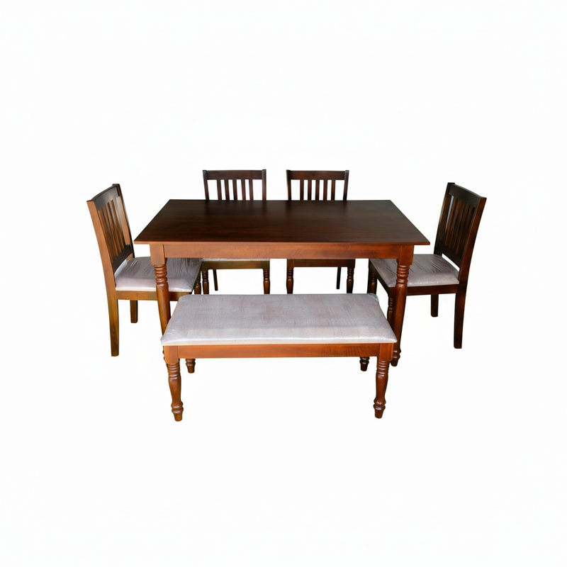 Solid Mango Wood 6 Seater Dining Table Set with 4 Cushioned Chairs and 1 Bench | Warm Brown Finish 