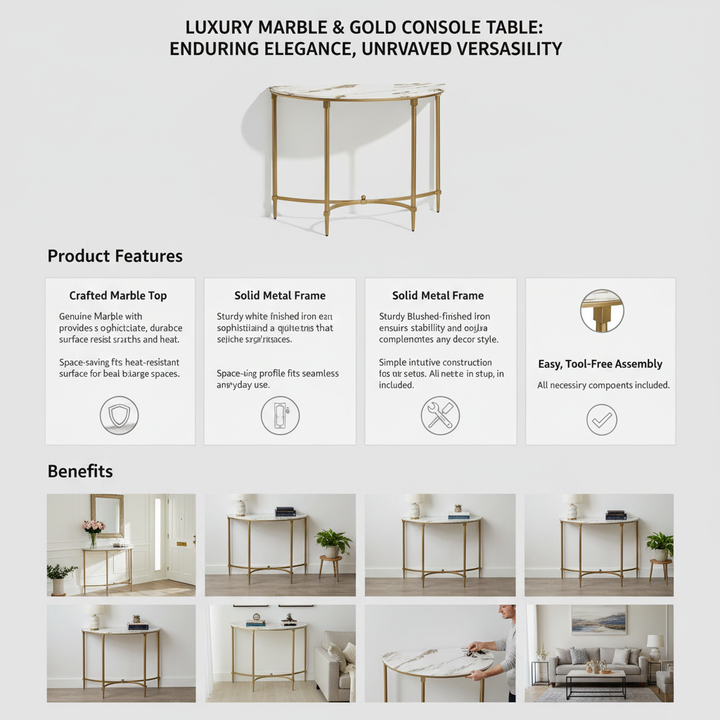 Translation missing: en.Luxury Console Table with Ceramic Marble Top &amp; Gold Metal Legs, Narrow Entryway Display Table for Hallway, Foyer, Living Room and Behind Sofa 