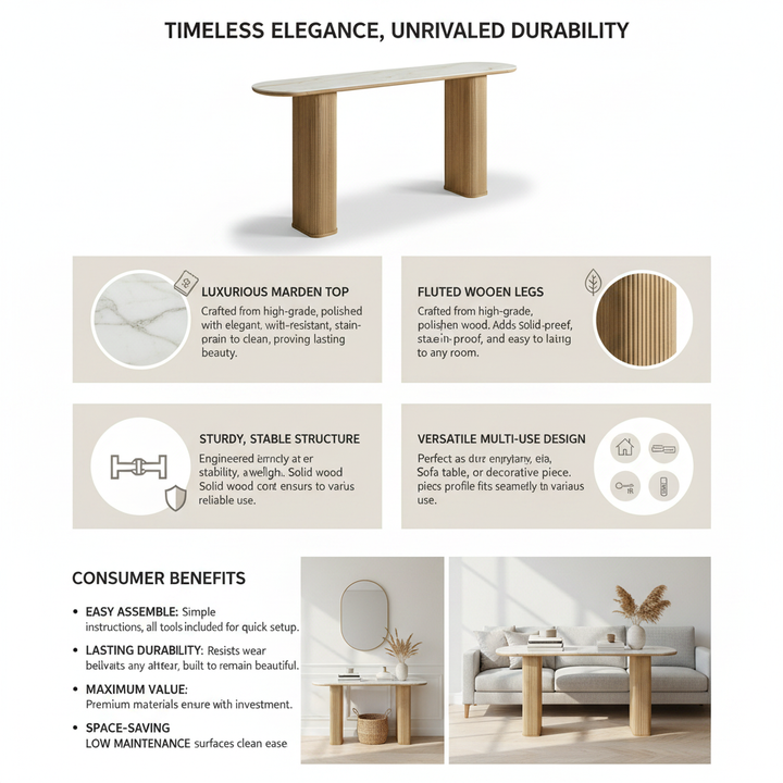 Translation missing: en.Ceramic Marble Top Console Table with Natural Mango Wood Base, Narrow Entryway and Sofa Table for Hallway, Foyer, Living Room and Home Décor 