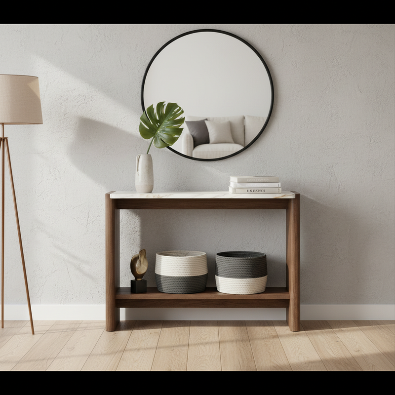 Farmhouse 2-Tier Console Table with Ceramic Marble Top & Mango Wood Base, Slim Entryway Sofa Table for Hallway, Foyer and Living Room 