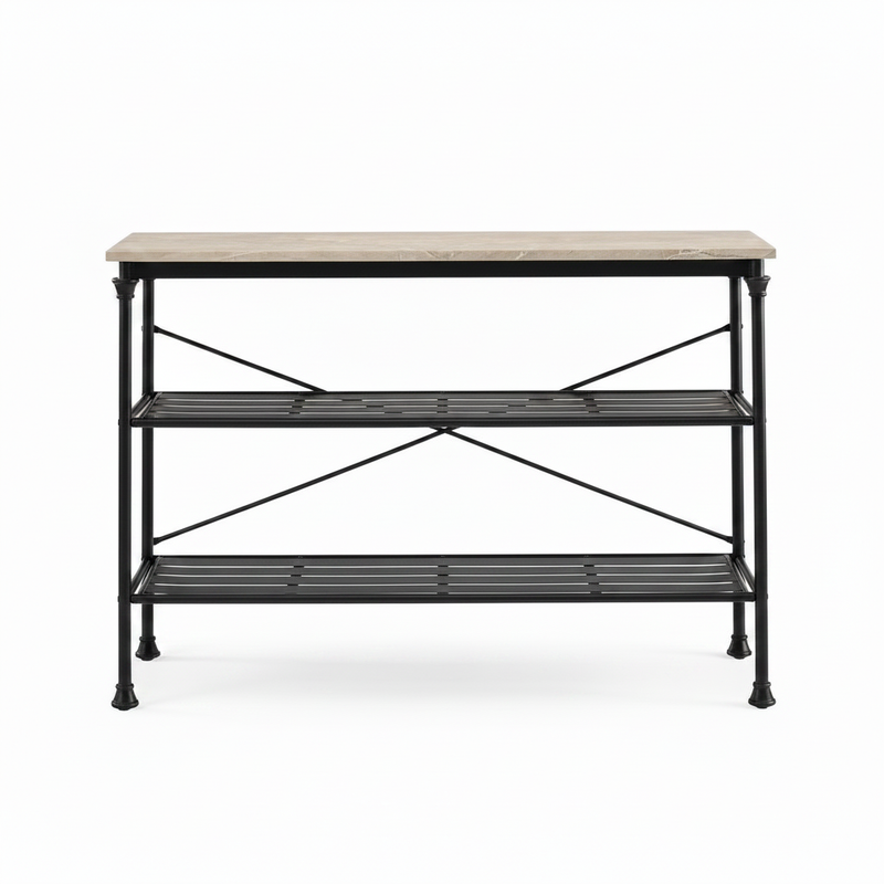 Modern Console Table with Light Brown Ceramic Marble Top & Black Metal Frame, Narrow Entryway Accent Table for Hallway, Foyer, Living Room and Behind Couch 