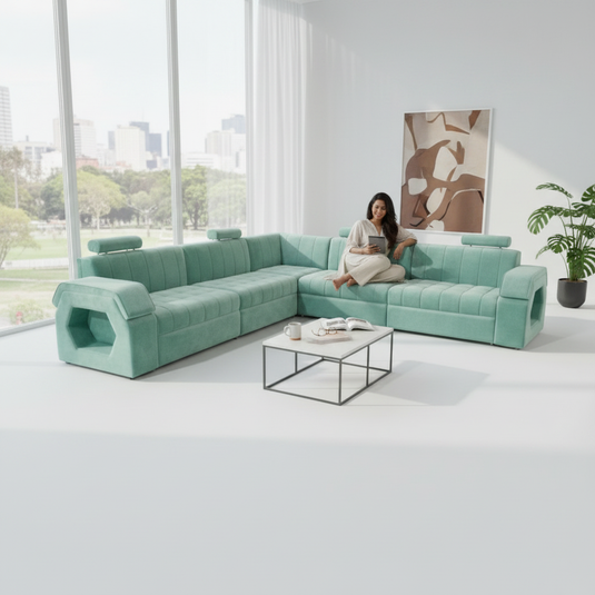 Translation missing: en.Luxury 9-Seater L-Shape Teal Blue Sectional Sofa with Adjustable Headrests &amp; Storage 