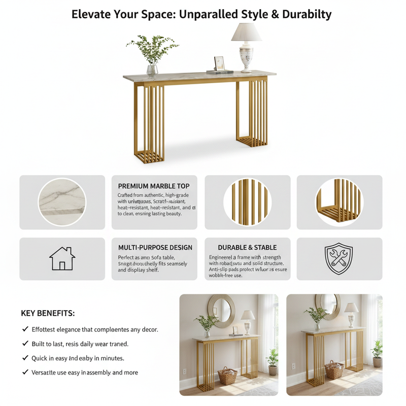 Modern Console Table with White Ceramic Marble Top, Gold Metal Frame & Open Storage Shelves, Narrow Entryway Table for Hallway, Foyer and Living Room 