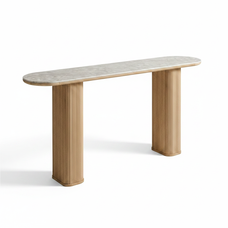 Ceramic Marble Top Console Table with Natural Mango Wood Base, Narrow Entryway and Sofa Table for Hallway, Foyer, Living Room and Home Décor 