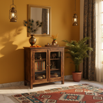 2 Door Cabinet with Wicker Front 2 Shelves | Mango Wood Storage Organizer | Rustic Durable Stylish Wooden Furniture | Compact Design Home Decor 