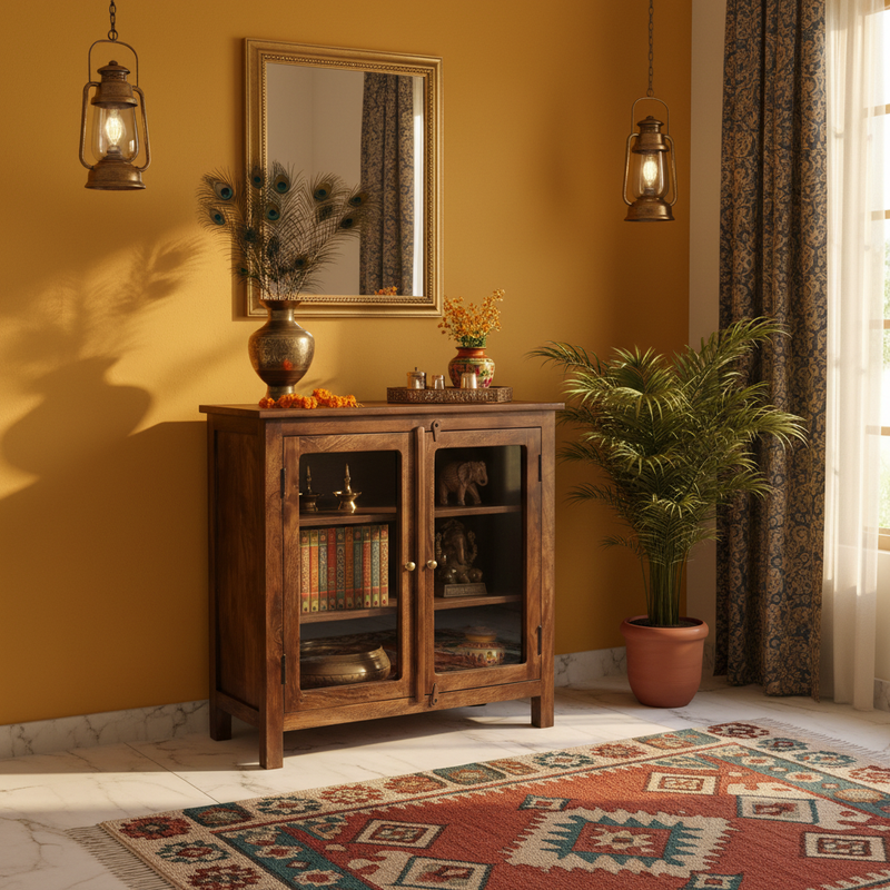 2 Door Cabinet with Wicker Front 2 Shelves | Mango Wood Storage Organizer | Rustic Durable Stylish Wooden Furniture | Compact Design Home Decor 