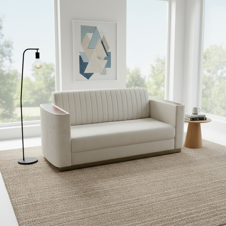 Translation missing: en.Beige Fabric 2-Seater Sofa with Mango Wood Accents &amp; Channel Tufting 