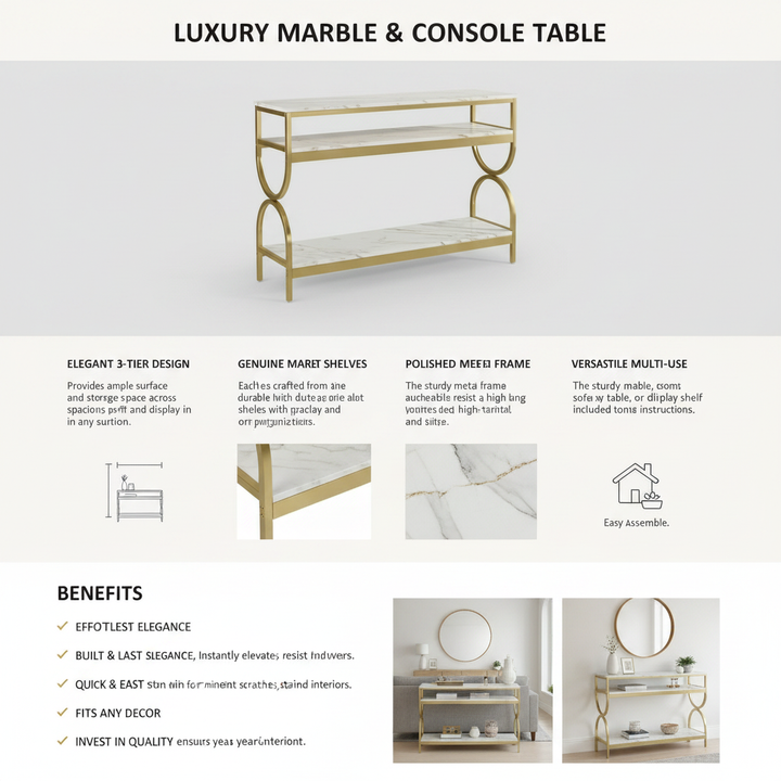 Translation missing: en.3-Tier Console Table with Ceramic Marble Top, Open Storage Shelves &amp; Gold Metal Frame for Entryway, Hallway, Foyer and Living Room 
