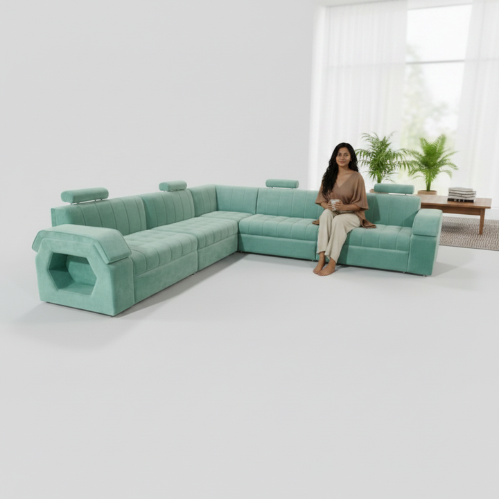 Translation missing: en.Luxury 9-Seater L-Shape Teal Blue Sectional Sofa with Adjustable Headrests &amp; Storage 