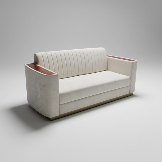 Translation missing: en.Beige Fabric 2-Seater Sofa with Mango Wood Accents &amp; Channel Tufting 