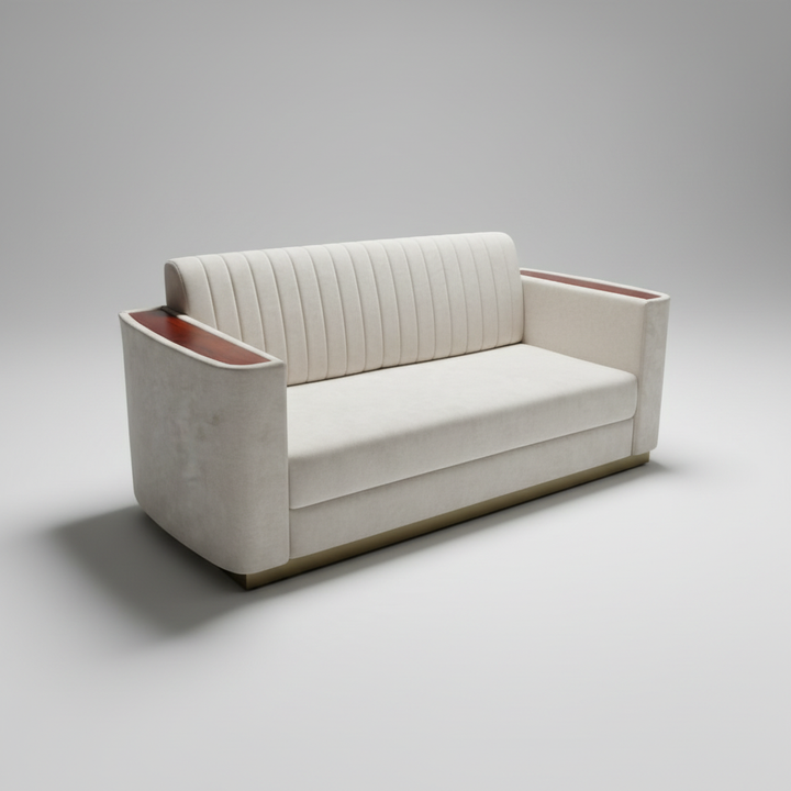 Translation missing: en.Beige Fabric 2-Seater Sofa with Mango Wood Accents &amp; Channel Tufting 